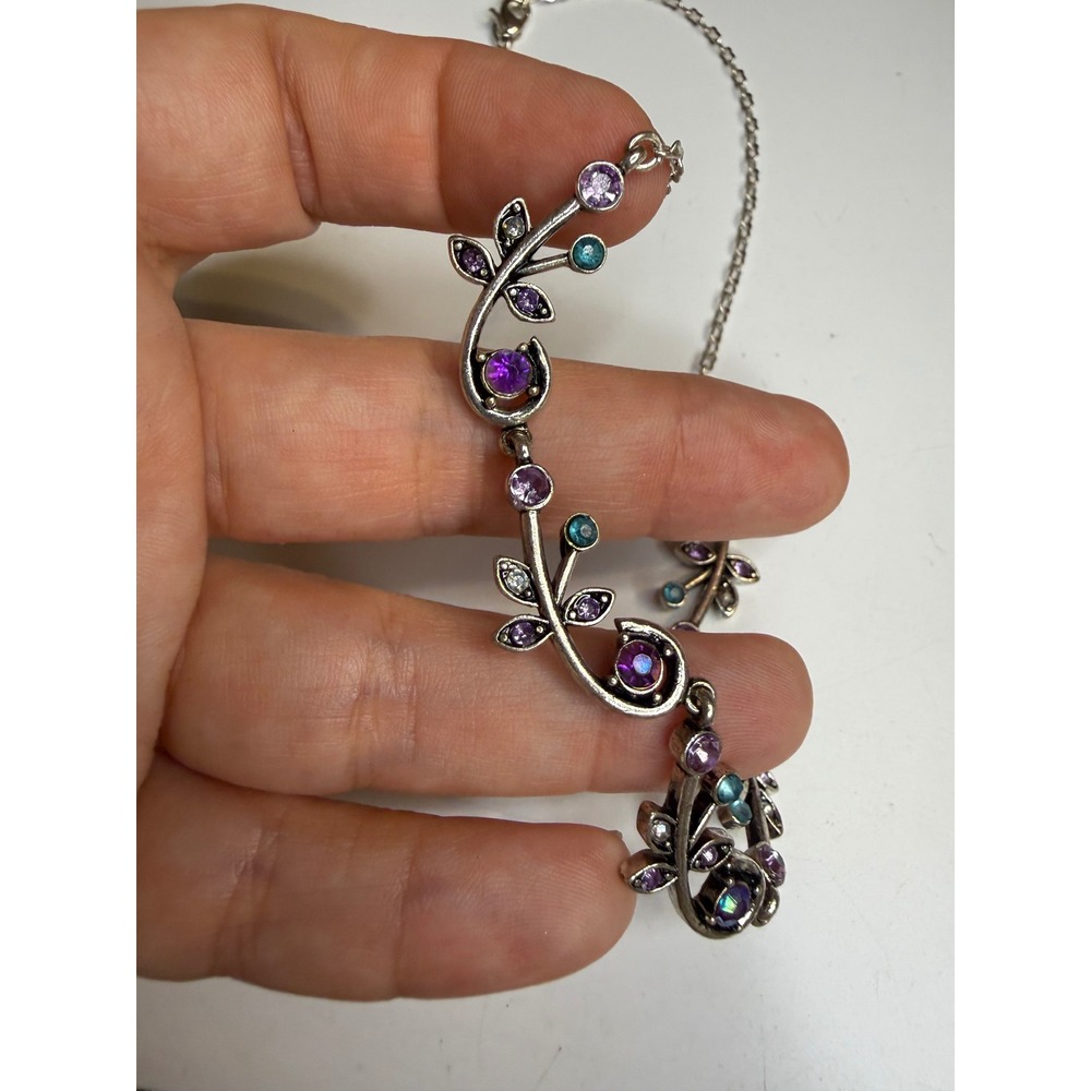 Avon Silver Tone Purple Blue Rhinestone Vine Leaf Necklace Earring Jewelry Set